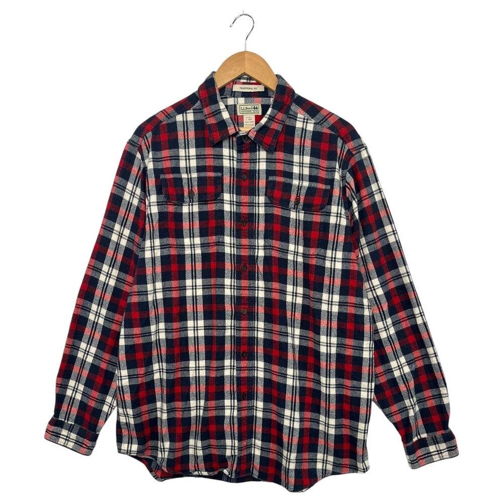 LL Bean Shirt Mens Large Red Plaid Flannel Traditional Fit Outdoor Hiking Casual